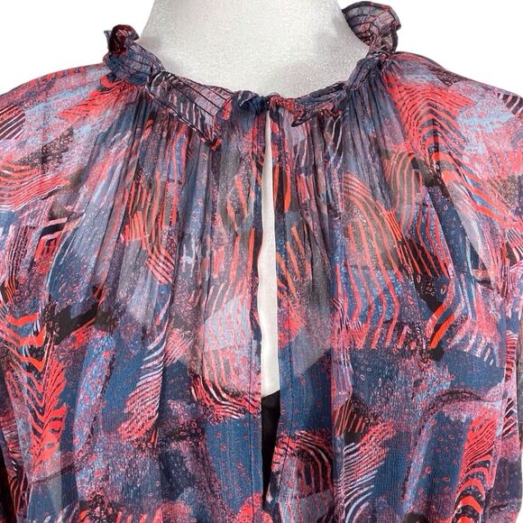 IRO Dress Size 40 (US 8) Abstract Print Red Blue Long Sleeve Ruffle Hem EUC - Picture 4 of 16